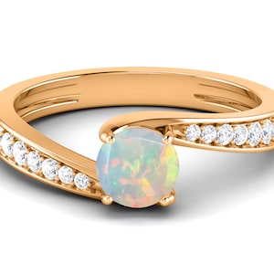 Natural Opal Engagement Ring In 14K Solid Rose Gold | Solitaire Opal & Diamond Wedding Ring | Opal Anniversary Ring | Promise Ring |