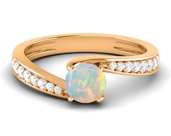Natural Opal Engagement Ring In 14K Solid Rose Gold | Solitaire Opal & Diamond Wedding Ring | Opal Anniversary Ring | Promise Ring |