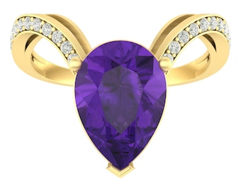 4.5Ct Natural Amethyst Engagement Ring In 14K Solid Yellow Gold | Amethyst & Diamond Wedding Ring | February Birthstone | Promise Ring
