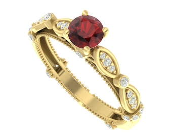 Natural Red Garnet Engagement Ring In 14K Solid Rose Gold | Vintage Red Garnet & Diamond Wedding Ring | Anniversary Ring | Promise Rings