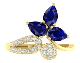 1.20Ct Pear Shape Lab Grown Blue Sapphire Engagement Ring In 14K Solid Rose Gold | Blue Sapphire & Diamond Anniversary Ring | Gifts For Her