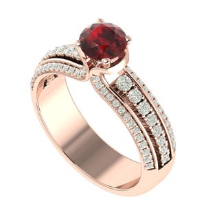 Gorgeous Natural Round Cut Red Garnet Engagement Ring In 14K Solid Rose Gold,Unique Garnet & Diamond Wedding Ring,January Birthstone