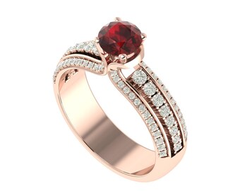 Gorgeous Natural Round Cut Red Garnet Engagement Ring In 14K Solid Rose Gold,Unique Garnet & Diamond Wedding Ring,January Birthstone