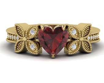 Gorgeous Natural Heart Cut Red Garnet Engagement Ring In 14K Yellow Gold,Unique Garnet & Diamond Butterfly Ring,January Birthstone Jewelry