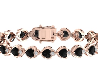 Black Onyx Handmade Tennis Bracelet In 925 Sterling Silver | Natural Heart Shape Black Onyx Bracelet | Rose Gold Bracelet | Abbiversary