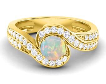 Natural Opal & Diamond Ring | Round Cut Opal Engagement Ring | 14K Yellow Gold Opal Ring | Opal Wedding Ring | Anniversary Gifts For Wife