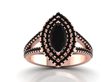 Marquise Shaped Black Onyx Engagement Ring In 925 Sterling Silver | Split Shank Black Onyx Wedding Ring | Black Onyx Anniversary Ring