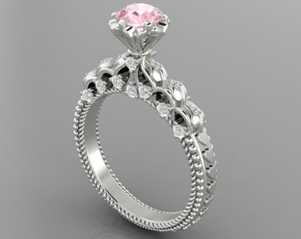1.6Ct Round Shape Pink Morganite Engagement Ring In 14K White Gold | Vintage Pink Morganite & Diamond Wedding Ring | Anniversary Gifts