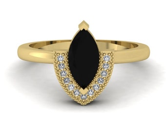 Natural Marquise Shape Black Onyx Engagement Ring In 14K Solid Rose Gold | Black Onyx & Diamond Wedding Ring | Black Onyx Anniversary Rings