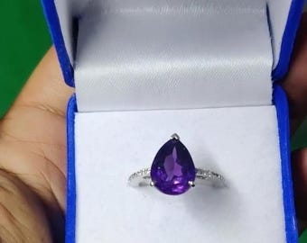 3.5Ct Natural Pear Shape Amethyst Engagement Ring 14K Solid White Gold | Amethyst & Diamond Wedding Ring | Amethyst Anniversary Ring