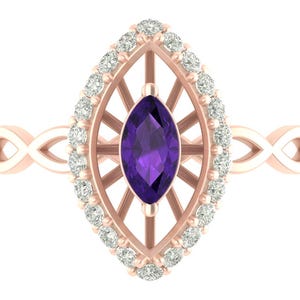 Natural Marquise Shape Amethyst Engagement Ring In 14K Solid Rose Gold | Unique Amethyst & Diamond Ring | February Birthstone | Gift For Her