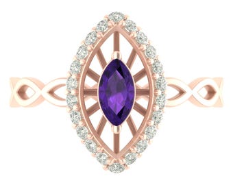 Marquise Shape Amethyst Engagement Ring In 14K Solid Rose Gold | Unique Amethyst & Diamond Wedding Ring | February Birthstone | Gift For Her