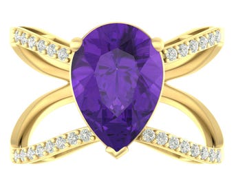 4.5Ct Natural Amethyst & Diamond Ring | Pear Cut Amethyst Engagement Ring | 14K Yellow Gold Amethyst Rings | February Birthstone