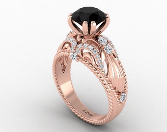 Solitaire Black Onyx Engagement Ring In 14K Solid Rose Gold,Vintage Black Onyx & Diamond Ring,Anniversary Gift For Wife,Gift for Her
