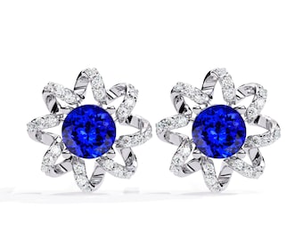 2Ct Natural Flower Tanzanite Studs Earrings | Tanzanite & Diamond Earring | 14K White Gold Tanzanite Earring | AAAA Tanzanite Studs Earrings