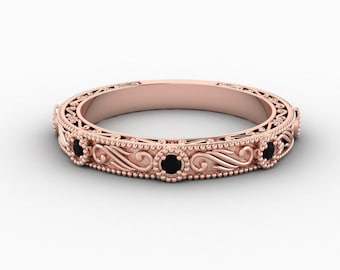 Vintage Black Onyx Engagement Band In 14K Solid Rose Gold,Gorgeous Filigree Black Onyx Women's Band,Anniversary Wedding Band,Gifts For Her