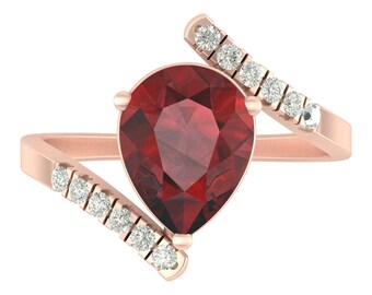 Natural Red Garnet Engagement Ring In 14K Rose Gold | Pear Shape Garnet & Diamond Wedding Ring | Garnet Promise Ring | January Birthstone