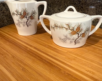 Vintage Sugar and Creamer Set Made in Japan | Pinecone Porcelain Creamer & Lidded Sugar Bowl | Mid Century Tea Set | Pinecone Collectible