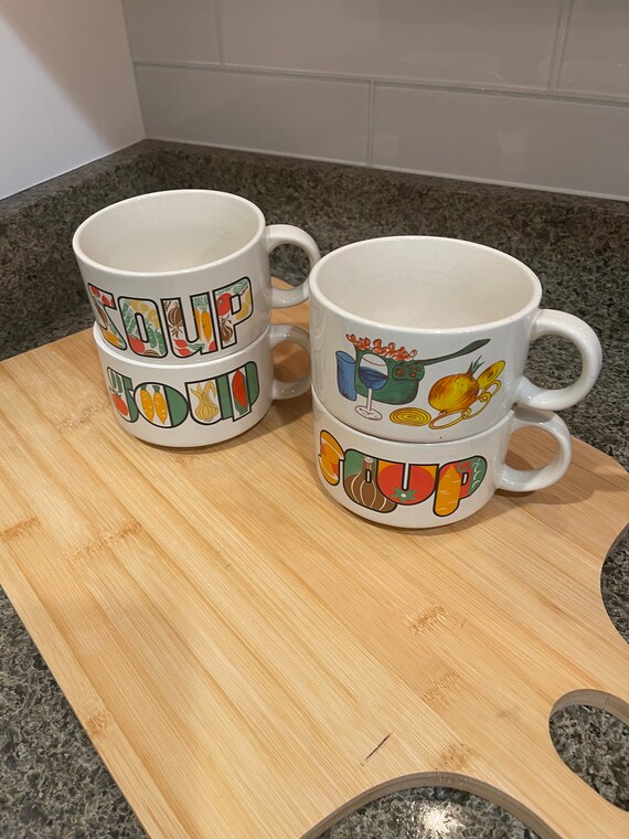 Vintage Japan Stoneware Soup Mugs, Colorful Print, Set of 4