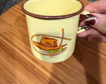 Vintage Monterrey Enamel Mug | 1950s Western Cowboy Decor