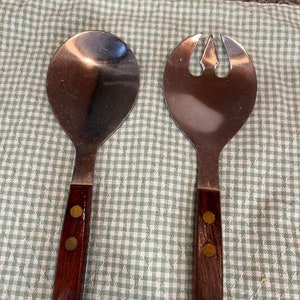 Vintage MCM Serving Utensils, Danish Style Serving, Stainless and Teak Salad Serving Utensils, mid century modern salad fork and spoon,
