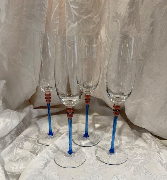 Champagne Flutes Crate N Barrel Blue and Pink Stem Crystal Etsy