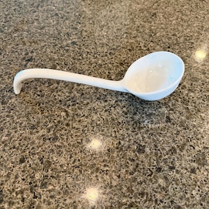 White Ceramic Soup Ladle – 10” Curved Handle Serving Spoon | Minimalist Kitchen Utensil | Vintage-Inspired Porcelain Ladle