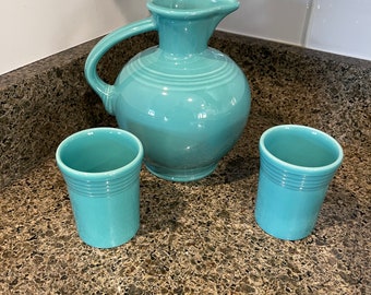 Fiesta Fiestaware Turquoise Carafe Pitcher with Two Juice Tumblers, Colorful Fiesta Ceramic Pitcher, Collectible Fiestaware