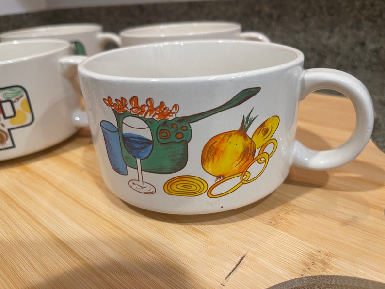 Vintage Japan Stoneware Soup Mugs, Colorful Print, Set of 4 image 9