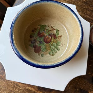 Vintage Monroe Salt Works 6.5” Stoneware Bowl with Handles – Fruit Motif & Cobalt Rim, Country Kitchen, Americana Decor, Collectible Monroe