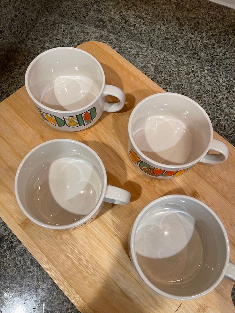 Vintage Japan Stoneware Soup Mugs, Colorful Print, Set of 4 image 10