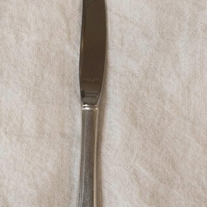 May include: A silver butter knife with a rounded blade and a decorative handle. The handle features an ornate design with etched details. The knife is set against a neutral, textured background.