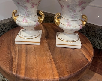 Neoclassical Ceramic Urn Vases, Pink Flowers, Gold Trim, Mantel Decor