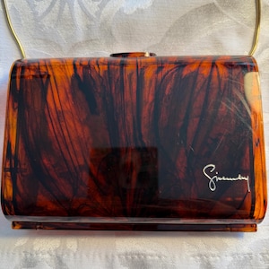 Vintage Givenchy Tortoiseshell Lucite Clutch Purse with Gold Chain – Signed Designer Handbag