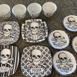 Skulls Plates and Bowls Set 222 Fifth Skulls, Set of 12 Piece