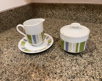 Mikasa Tropicana Creamer and Sugar, Green and Blue Stripe Dinnerware