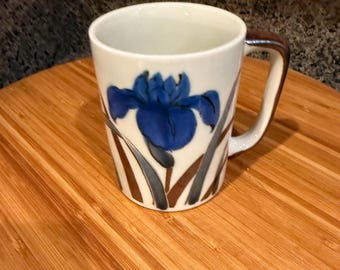 Vintage Blue Iris Stoneware Mug | Otagiri Hand Painted Floral Coffee Cup | Retro Ceramic Mug