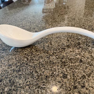 White Ceramic Soup Ladle – 12” Curved Handle Serving Spoon | Minimalist Kitchen Utensil | Vintage-Inspired Porcelain Ladle