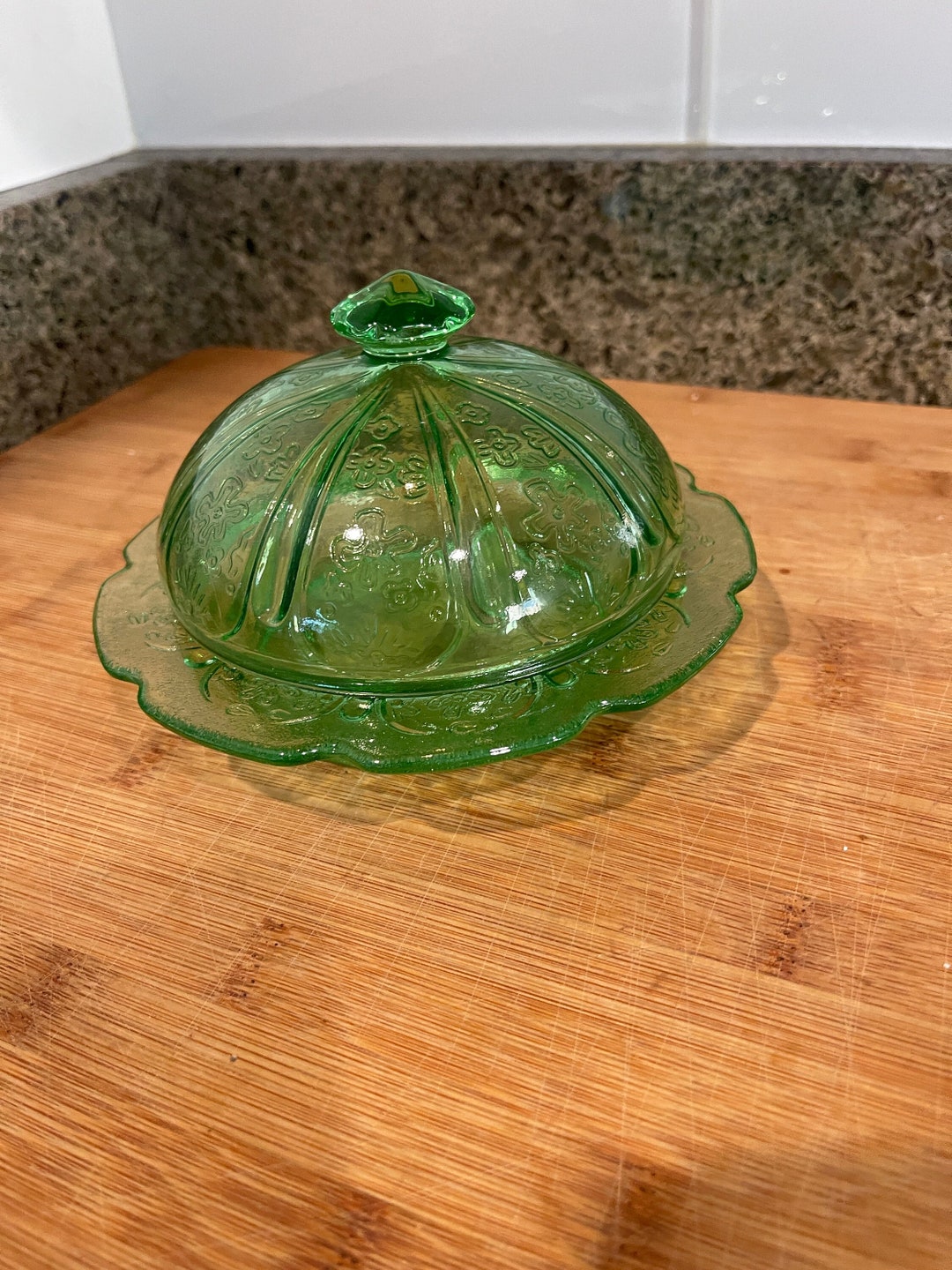 Green Depression Glass Butter Dish With Dome Lid and Bottom Etsy