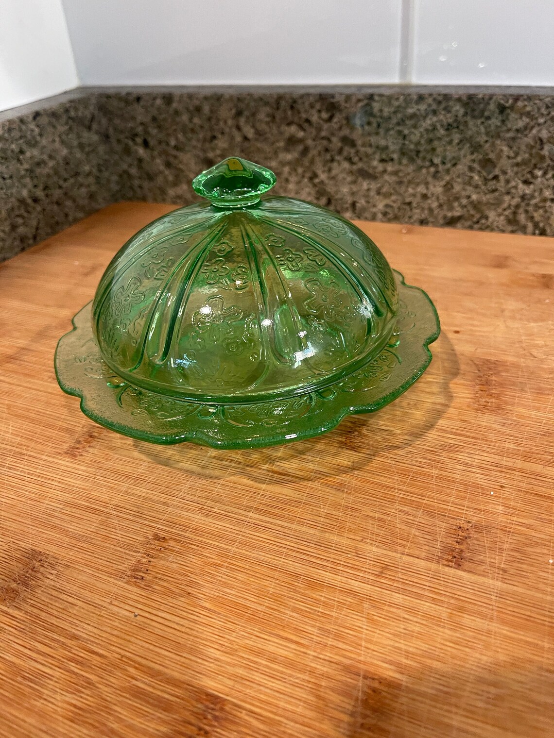 Green Depression Glass Butter Dish Dome Lid and Round Bottom, Cherry
