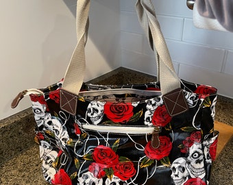 Anladia Skulls & Roses Oilcloth Purse with Handles, Sugar Skull Bag, Rock and Roll Bag, Punk Rock Goth