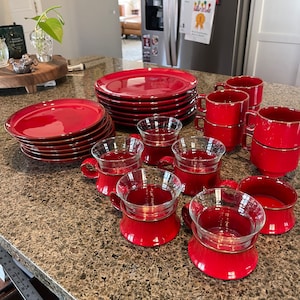 Winterling Vintage German Red Stoneware Dinner Plates and Cups, Vintage German Dinnerware, Winterling China Stoneware