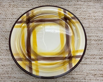 Vernonware Organdie Dinner Plates, Handpainted Brown and Yellow Plaid Dinner Plate, 8 Plates, California Hand Painted Dinner Plate