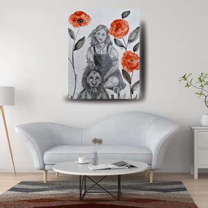 Grace and Courage – Girl with Lion Art & Watercolor Flowers