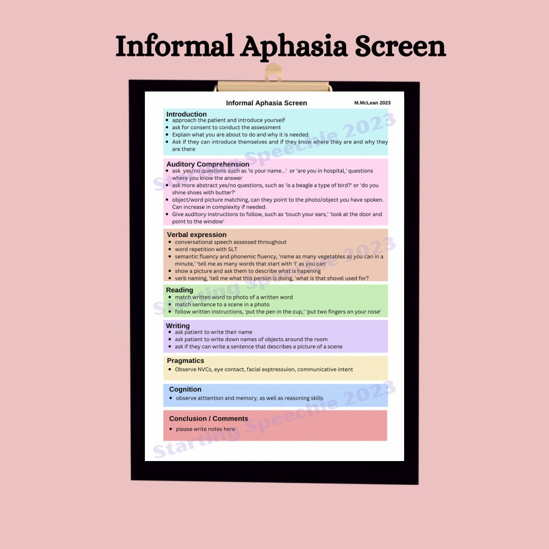 SLT Informal Aphasia Screen Revision Reference Sheet - Etsy