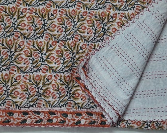 Flower Block Print Kantha Bed Cover Hand Print Kantha Quilt Handmade Kantha Bedding Kantha Throw Home Living Bed Cover Throw Twin and Queen