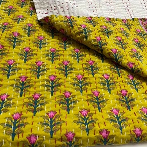 Throw Queen & Twin Size Kantha Bedcover, Yellow Color,HandBlock Print Kantha Quilt ,Free Shipping ,Sofa Covers ,Cat Blanket ,Home Décor Gift
