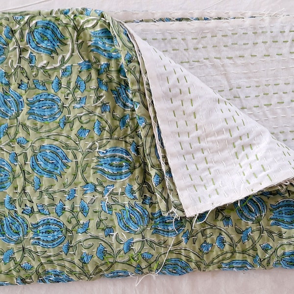 Green Bedstead Cotton Handmade Indian Kantha Quilt, Throws and Blankets  New beautiful hand block kantha queen size pure cotton kantha quilt