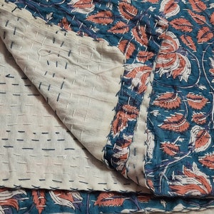 Blue  hand block print kantha quilt a pure hand stitched handmade hand block printed quilt vintage floral design