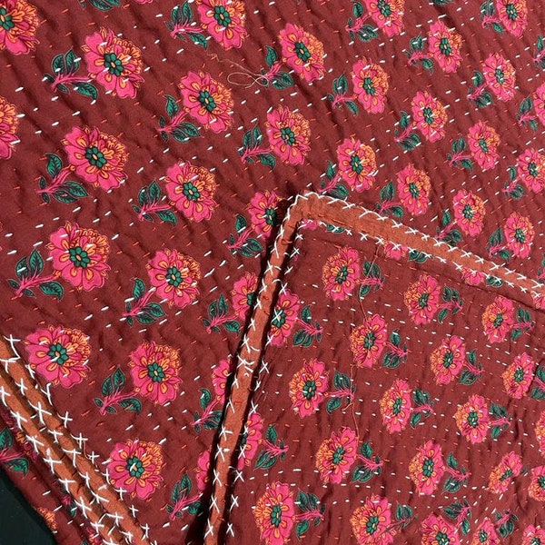Red Bedcover Quilt handblock fabric kantha quilt queen And Twin Size  throw blanket ,quilts handcrafted kantha blanket vintage kantha quilt
